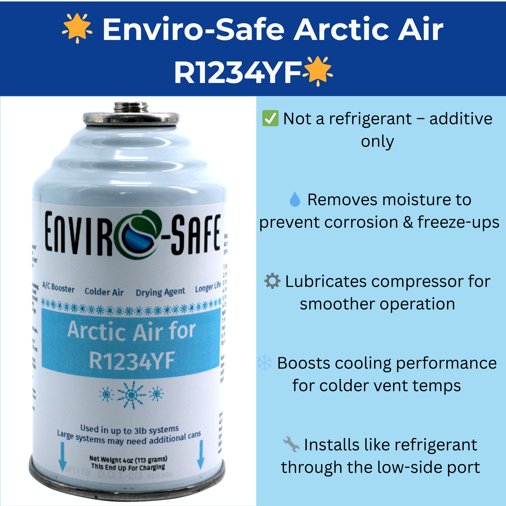 Arctic Air for R1234yf Systems – 12 × 4oz Cans – AC Booster + Drying Agent – Colder Air, Reduces Moisture, Extends A/C Life