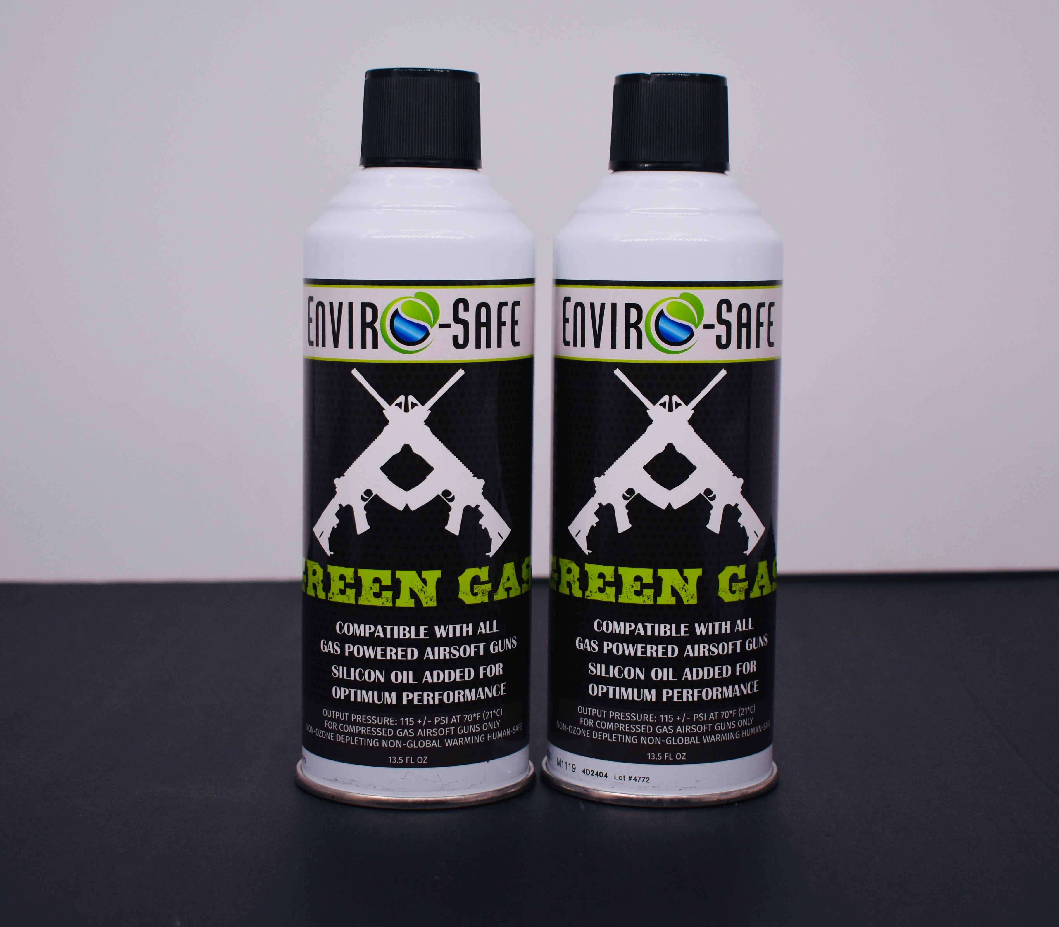 Enviro-Safe Green Gas for Airsoft Guns β 2 Cans, 13.5 oz Each | Premium Airsoft Propellant with Silicone Oil | Made in USA