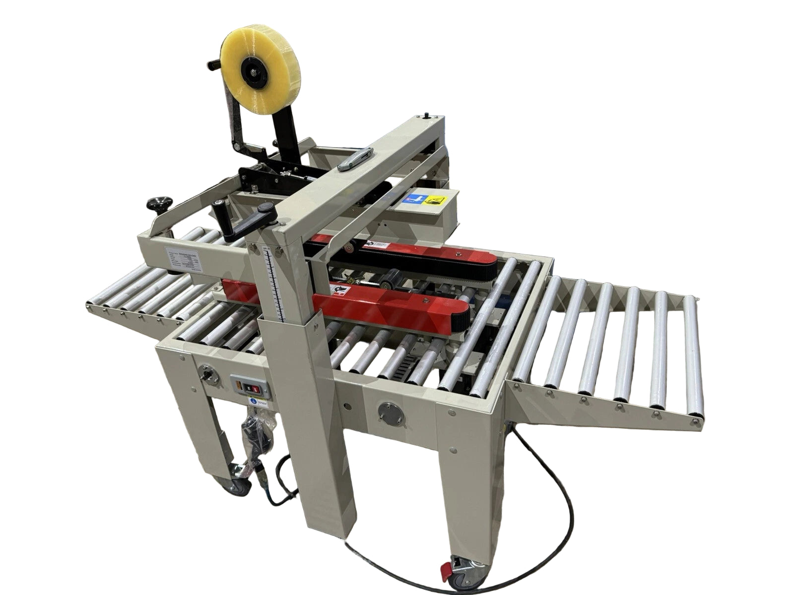 Semi-Automatic Wheeled Case Taper / Carton Sealer – Model FJX5050 – Adjustable 3⅛″ to 20⅜″ H Boxes
