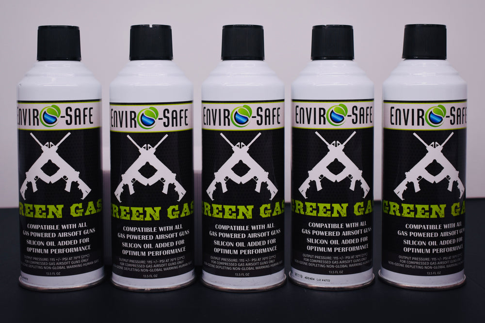 Enviro-Safe Green Gas for Airsoft Guns – 5 Cans, 13.5 oz Each | Premium Airsoft Propellant with Silicone Oil | Made in USA